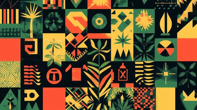 Jamaican Reggae Inspired Flat Design, vibrant tropical colors, rhythmic patterns, cultural symbols, lively and energetic aesthetic