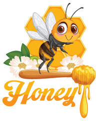 Cute Bee with Honey and Flowers