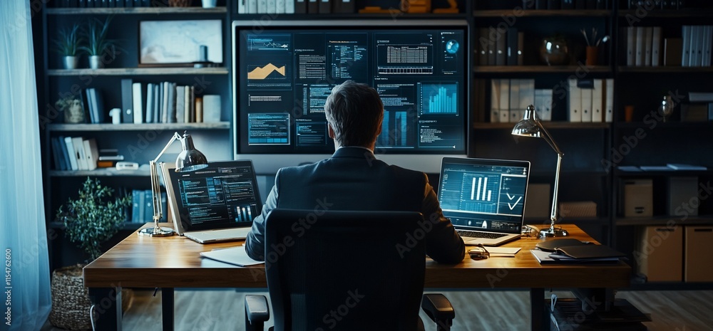 Poster a professional analyzing data on multiple screens in a modern office setup.