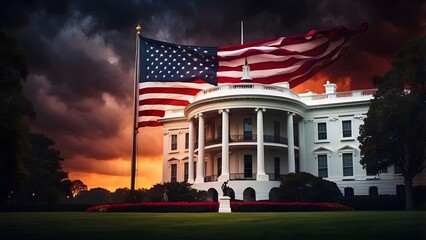 American flag with dark and moody atmosphere, bright and vibrant colors glow against the backdrop of the White house