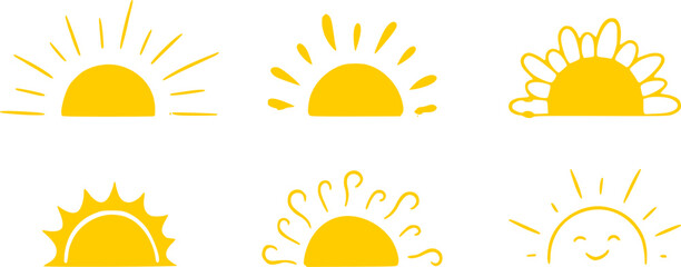 Yellow half sun icons set in doodle style. Hand drawn sunset simple graphic symbols. Summer heat icons. Half round solar element. Vector illustration isolated on white background.