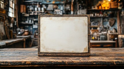 Blank framed canvas in a rustic workshop setting.
