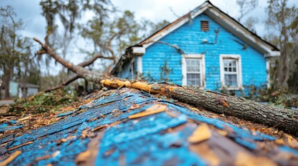 Storm damage recovery residential area photography post-disaster close-up resilience and restoration