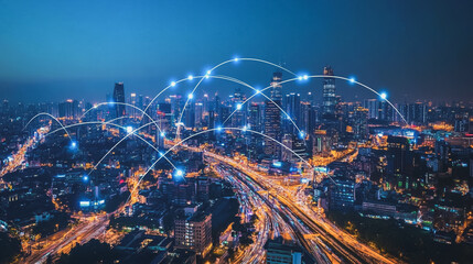 Obraz premium Smart digital Innovation city with connection network reciprocity over the cityscape. of future smart wireless city and social media networking systems that connects business people with in city