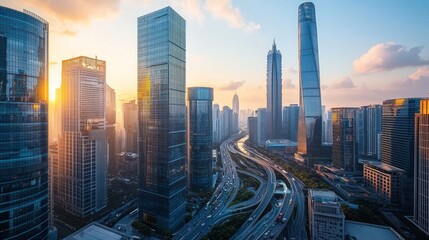 Sunrise cityscape with modern skyscrapers and highway.