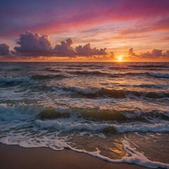 Obraz premium Create an image of a breathtaking sunrise over the ocean. The scene should depict vibrant hues of orange, pink, and purple painting the sky as the sun rises above the horizon. 