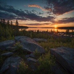 Summer night sunset view from Sotkamo, Finland.

