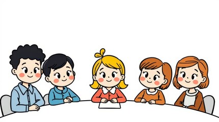 A friendly group of cartoon characters in a meeting, focusing on teamwork and collaboration, ideal for children's educational content.