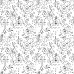 Fototapeta premium Hibiscus Flower line art. Seamless pattern for decorating fashion designs, fabrics, wallpapers and prints on a white background.