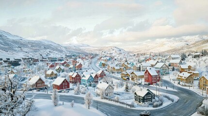 Fototapeta premium Snowy village nestled in a valley.