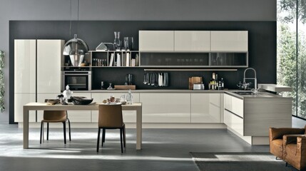 Modern kitchen design with island, cabinetry, and dining area.