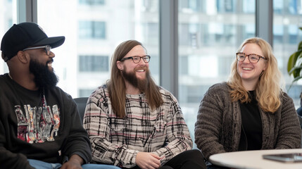 Joyful Coworkers Sharing a Laugh: Three diverse colleagues share a lighthearted moment in a modern office setting, showcasing genuine connection and positive work environment. 