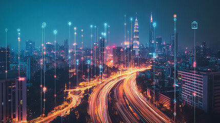 Obraz premium Smart digital Innovation city with connection network reciprocity over the cityscape. of future smart wireless city and social media networking systems that connects business people with in city