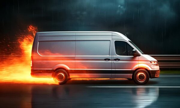 Super fast delivery of package service with van with wheels on fire