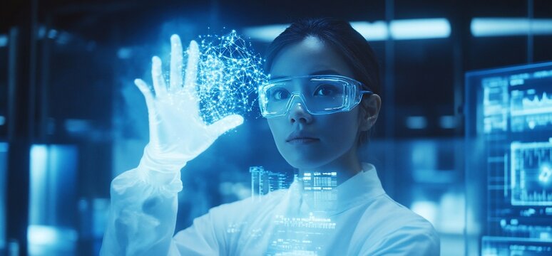 A scientist interacts with holographic data in a futuristic lab setting.