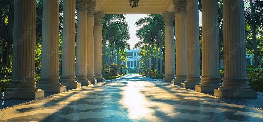 Poster a serene pathway lined with columns leading to a grand building amidst lush greenery.