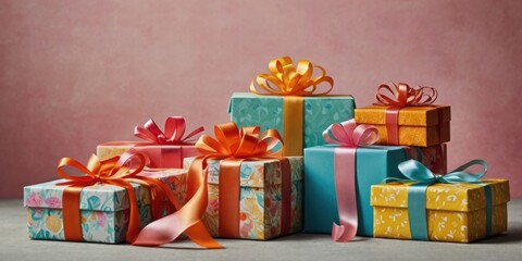 Obraz premium Cheerful Gift Boxes with Ribbons on a Colorful Background