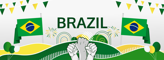 Celebrate Brazil national day. Banner billboard with bold and iconic flag colors. Happy Brazil Independence Day. Raise your hand to show your support or protest
