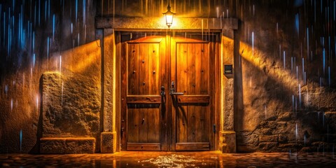 Fototapeta premium Long exposure captures a dark, lonely traveler arriving at a mystical doorway, the ambient light creating an atmospheric, intriguing, and surreal scene.