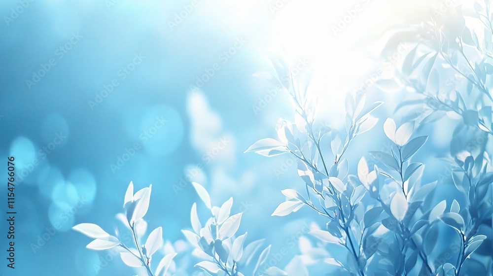 Poster Soft Blue Abstract Bokeh Background with Delicate Leaves and Light