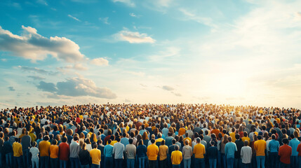 Vast Crowd at Sunrise: A breathtaking panoramic view of a massive crowd of people gathered outdoors, silhouetted against a vibrant sunrise.  The image evokes a sense of unity, community.