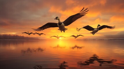 A flock of Canadian geese flying in a classic V formation against a stunning golden sunset sky creating a serene and atmospheric natural landscape