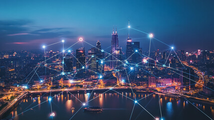 Fototapeta premium Smart digital Innovation city with connection network reciprocity over the cityscape. of future smart wireless city and social media networking systems that connects business people with in city