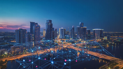 Fototapeta premium Smart digital Innovation city with connection network reciprocity over the cityscape. of future smart wireless city and social media networking systems that connects business people with in city