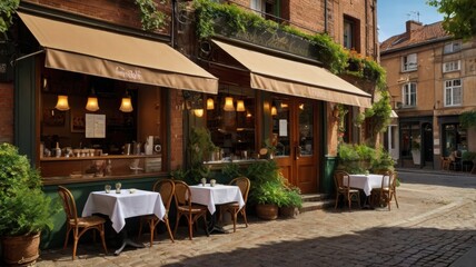 Charming Outdoor Cafe Scene with Sunlit Tables and Greenery