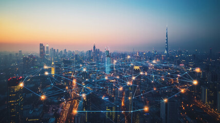 Smart digital Innovation city with connection network reciprocity over the cityscape. of future smart wireless city and social media networking systems that connects business people with in city