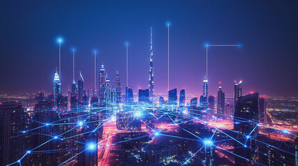 Obraz premium Smart digital Innovation city with connection network reciprocity over the cityscape. of future smart wireless city and social media networking systems that connects business people with in city