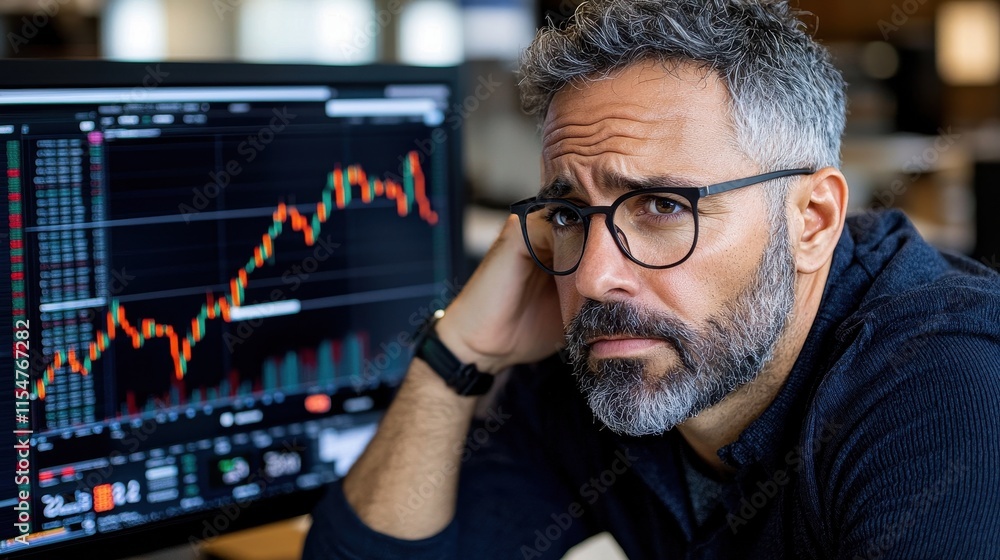 Poster frustrated trader monitoring stock trends office workspace digital displays modern environment close