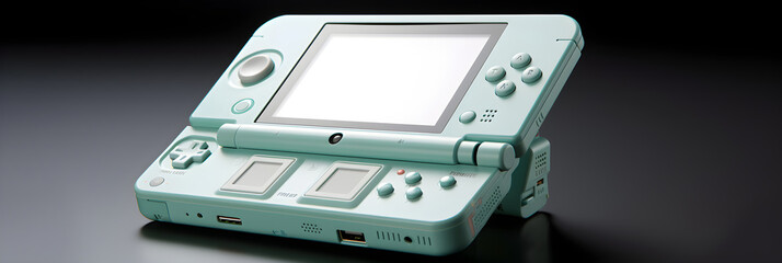 A Mint Green DS Handheld Gaming Console in a Casual Setting Surrounded by Game Accessories