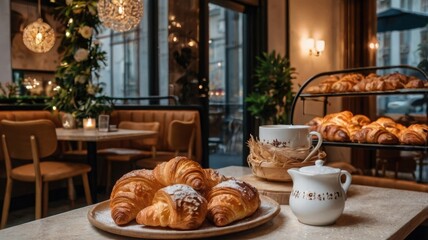 Cozy Cafe Interior with Fresh Croissants and Warm Ambiance