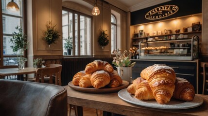 Freshly Baked Croissants Displayed in Cozy Cafe Interior
