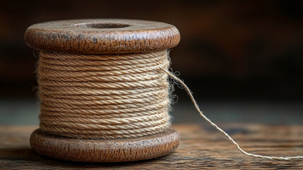 single thread unraveling from a spool symbolizing the fragility of order the beginnings of chaos or the unraveling of a story extending out of frame against a minimalist neutral background