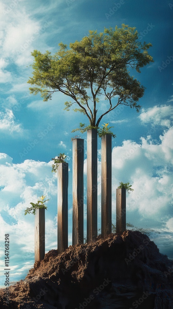 Poster tree branches ascending chart, a visual representation of growth with branches shaped as a bar chart