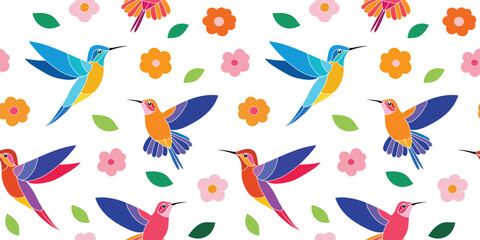 Obraz premium Humming Bird whit flower. seamless pattern for decorating all fashion designs, fabrics, wallpapers and prints. on a white background