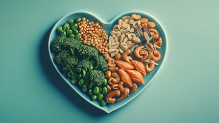 Heart-shaped plate with assorted healthy foods.