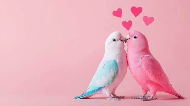[Adorable parakeets sharing a kiss] Adorable Pink Parakeets Share Sweet Kiss in Heart Surroundings