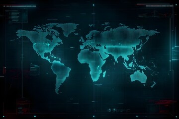 World map designed with sleek, glowing lines, set against a high-tech dark blue background