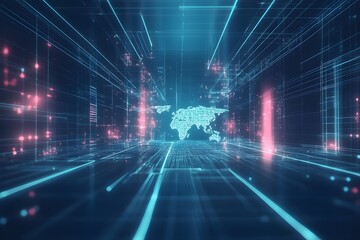 World map designed with sleek, glowing lines, set against a high-tech dark blue background