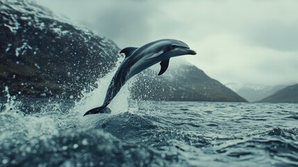 Obraz premium Dolphin leaping from ocean waves near mountains.