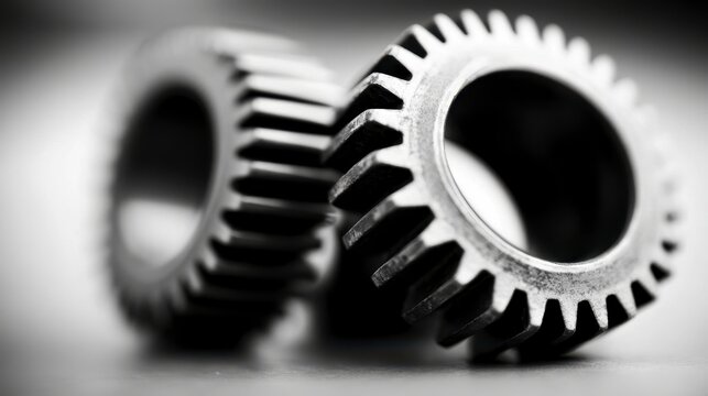 Close-up of two interlocking metal gears.