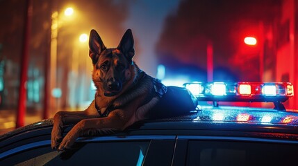 Police dog on patrol urban night scene action capture emergency environment low angle view canine law enforcement
