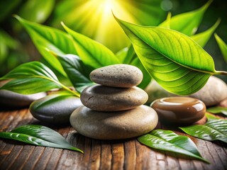 Relaxing spa backdrop: cool green stones nestled in leaves, low-key lighting.