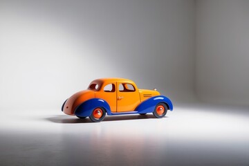 Orange and blue vintage toy car model on white background.