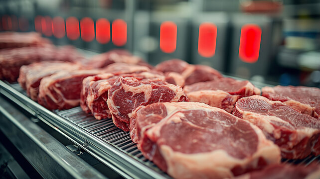 Fresh Raw Pork Chops in Meat Factory. Raw meat cuts on a industrial conveyor belt. Meat processing in food industry.
