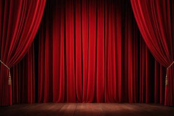 a close up of a red curtain with a wooden floor