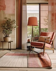Retro-inspired living room, Mid-century modern armchair in salmon pink, Abstract circular artwork, Terracotta walls, Potted plants, Wooden flooring, Minimalist side table, Warm earthy tones, Soft natu